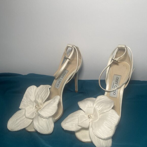 JIMMY CHOO AURELIA 100 IVORY SATIN SANDALS HIGH HEELS - Picture 2 of 6